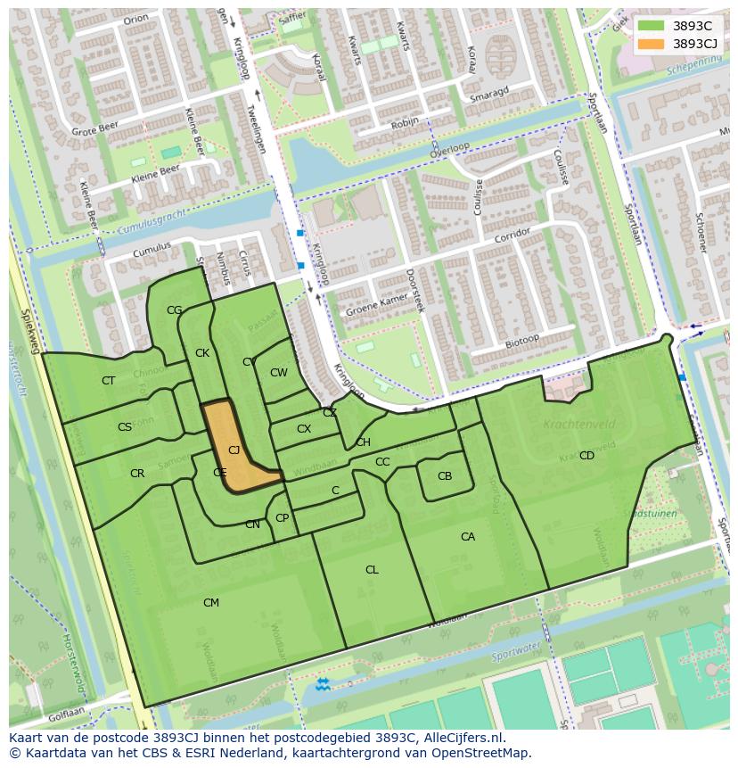 Afbeelding van het postcodegebied 3893 CJ op de kaart.