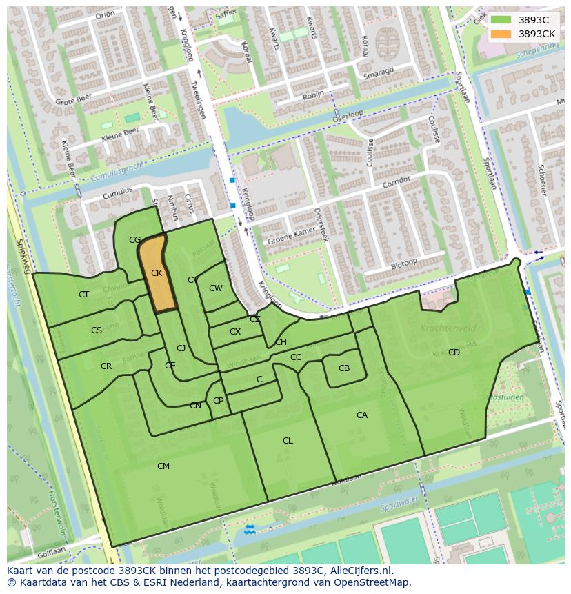 Afbeelding van het postcodegebied 3893 CK op de kaart.