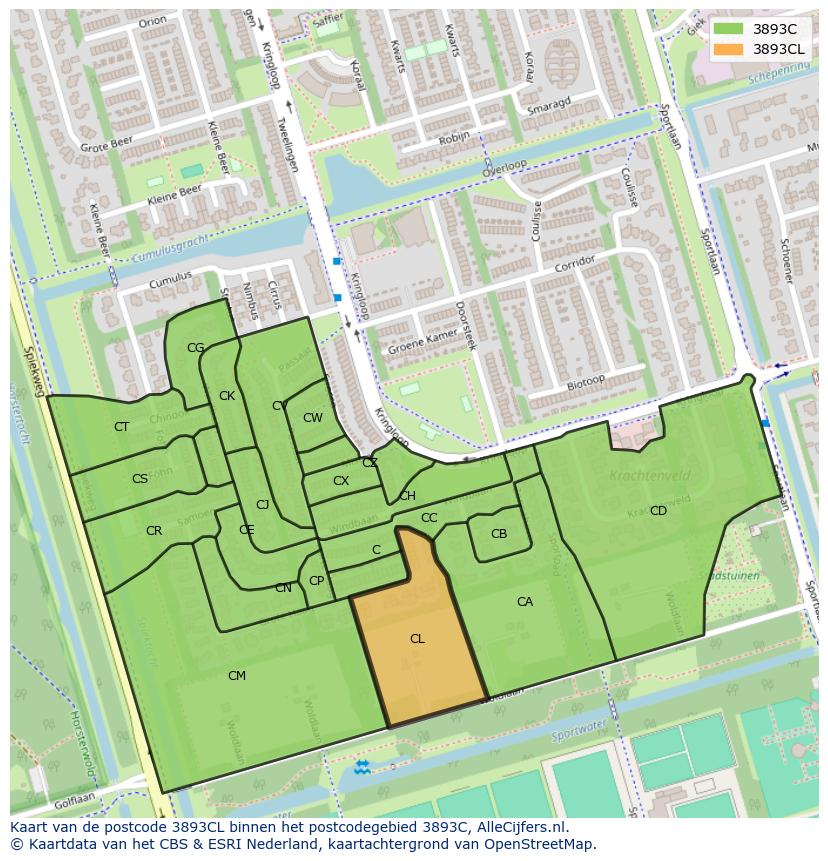 Afbeelding van het postcodegebied 3893 CL op de kaart.