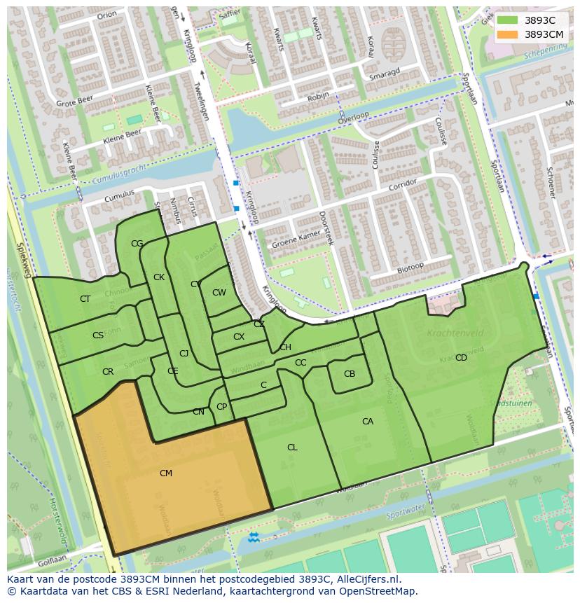Afbeelding van het postcodegebied 3893 CM op de kaart.