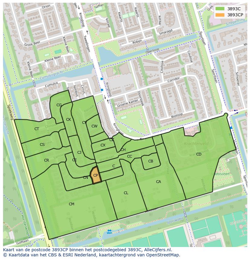 Afbeelding van het postcodegebied 3893 CP op de kaart.