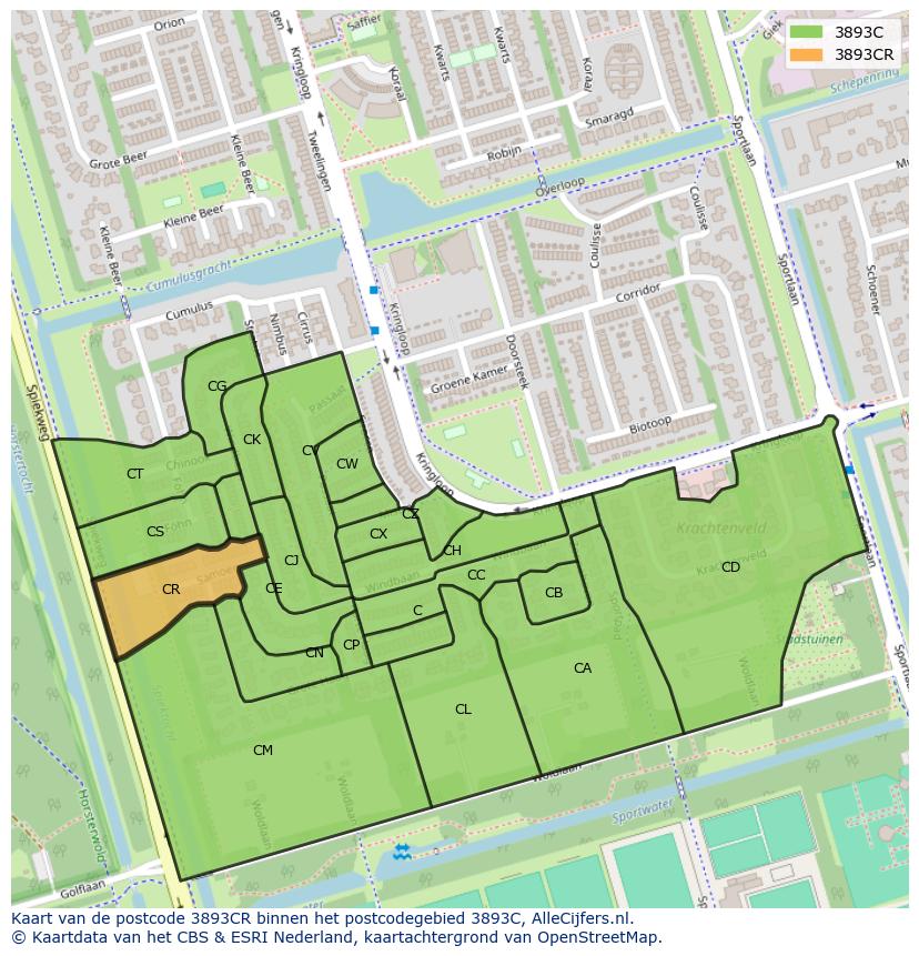 Afbeelding van het postcodegebied 3893 CR op de kaart.