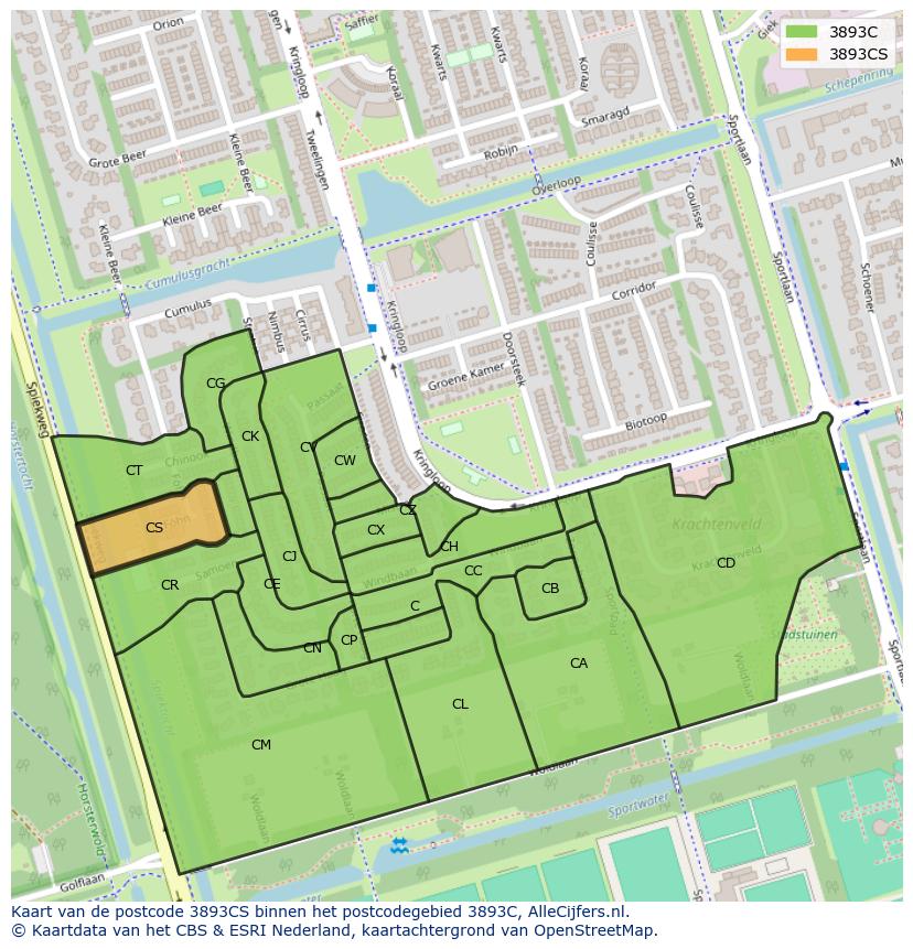 Afbeelding van het postcodegebied 3893 CS op de kaart.
