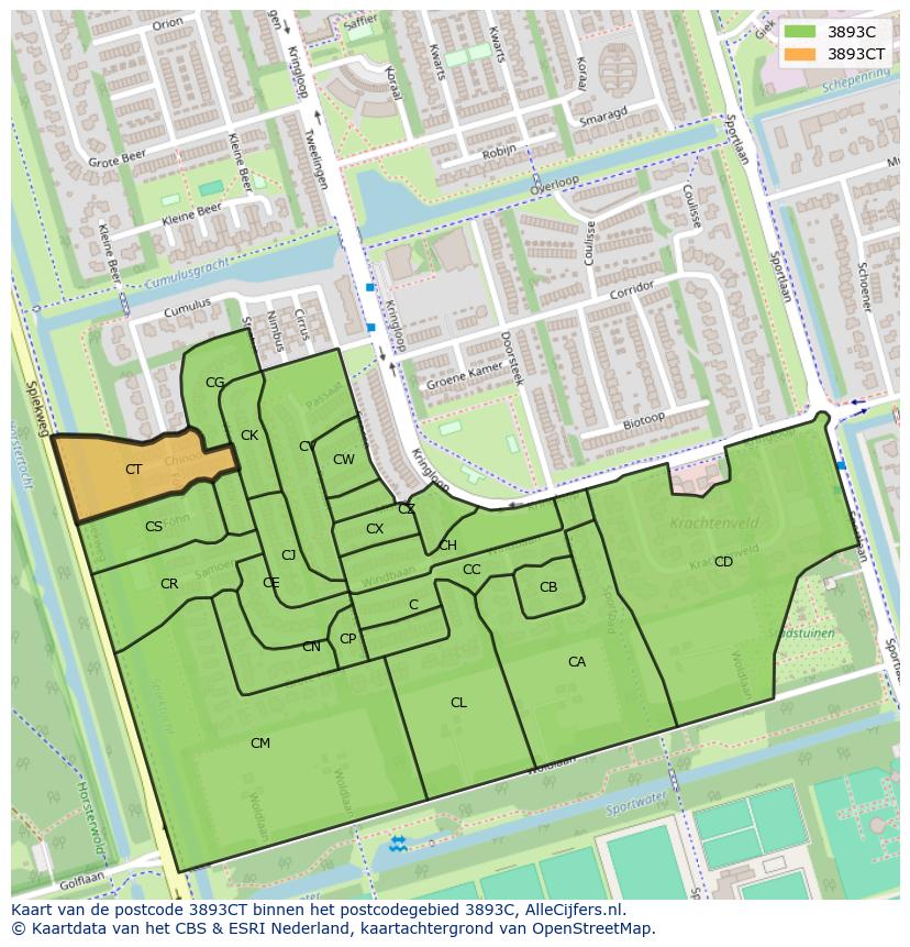 Afbeelding van het postcodegebied 3893 CT op de kaart.