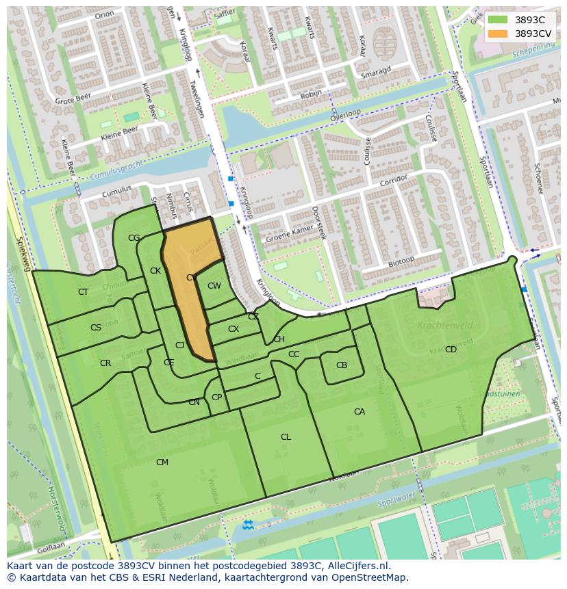 Afbeelding van het postcodegebied 3893 CV op de kaart.