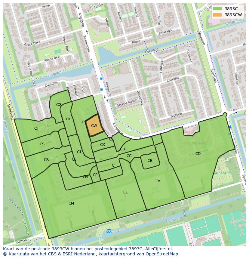 Afbeelding van het postcodegebied 3893 CW op de kaart.