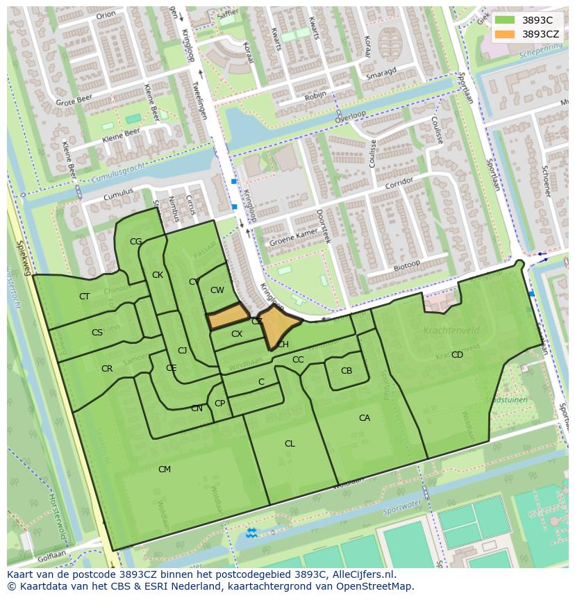 Afbeelding van het postcodegebied 3893 CZ op de kaart.