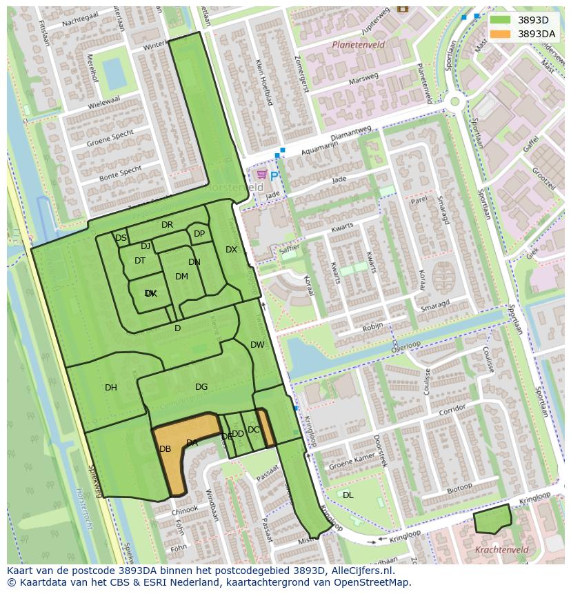 Afbeelding van het postcodegebied 3893 DA op de kaart.
