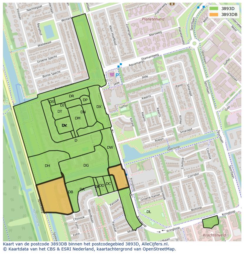 Afbeelding van het postcodegebied 3893 DB op de kaart.