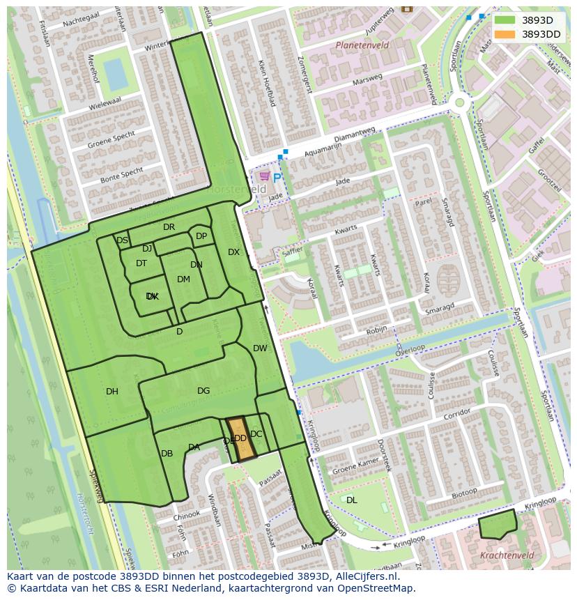 Afbeelding van het postcodegebied 3893 DD op de kaart.