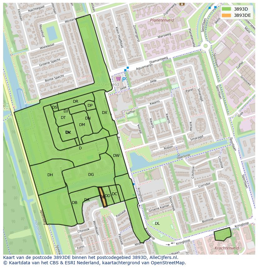 Afbeelding van het postcodegebied 3893 DE op de kaart.