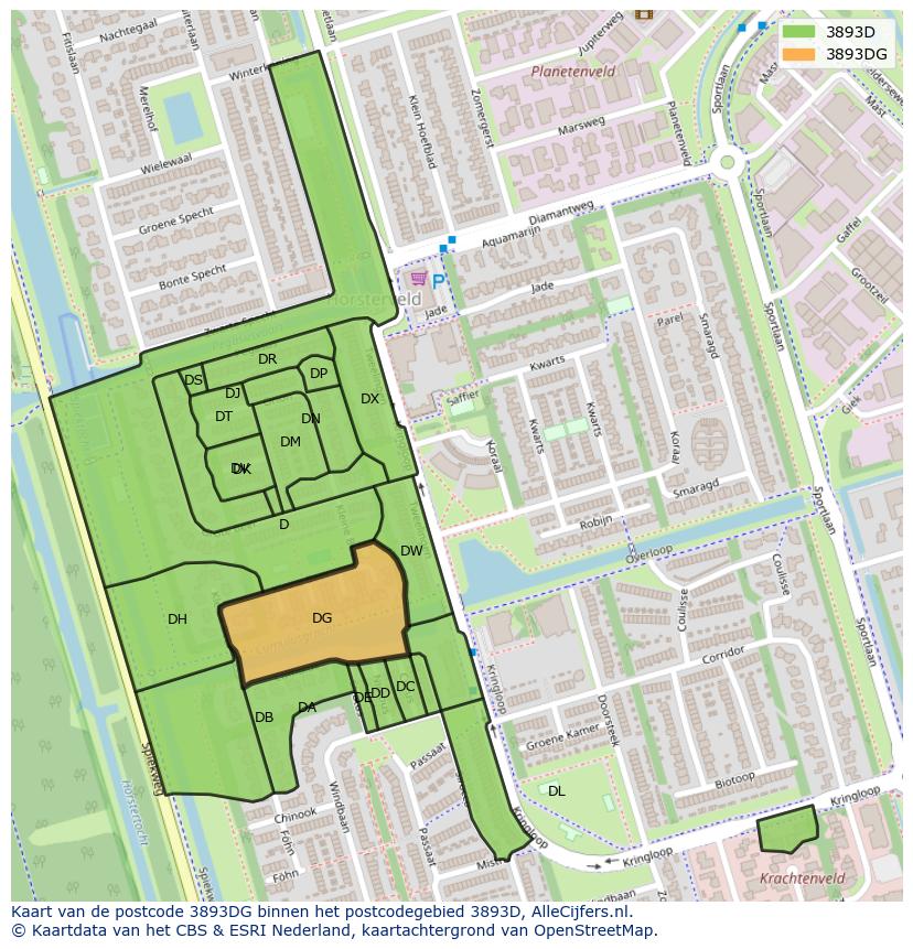 Afbeelding van het postcodegebied 3893 DG op de kaart.