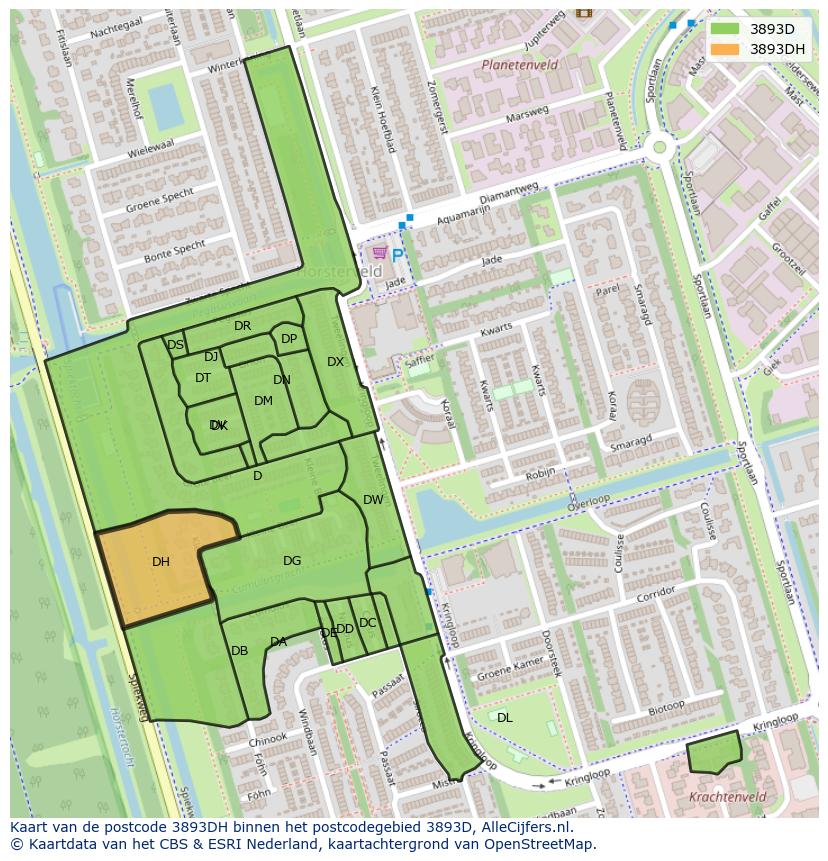 Afbeelding van het postcodegebied 3893 DH op de kaart.