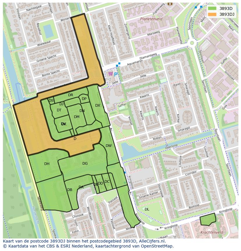 Afbeelding van het postcodegebied 3893 DJ op de kaart.
