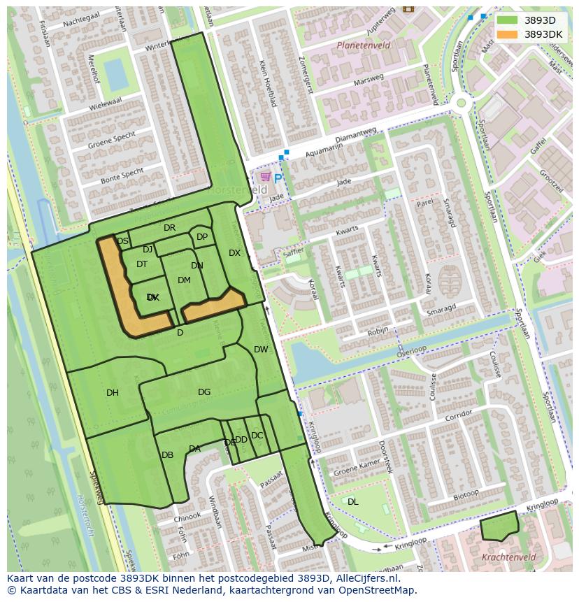 Afbeelding van het postcodegebied 3893 DK op de kaart.