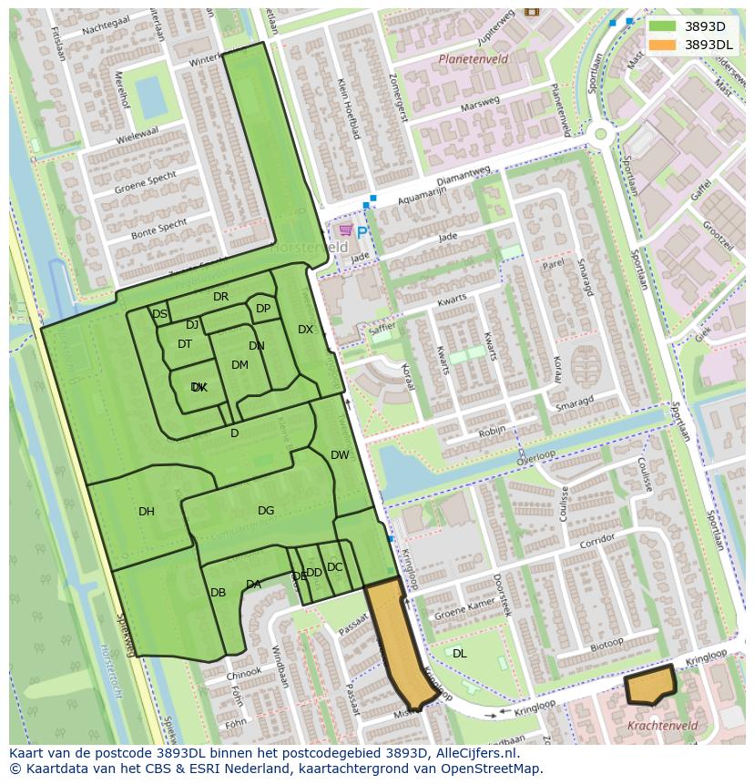 Afbeelding van het postcodegebied 3893 DL op de kaart.