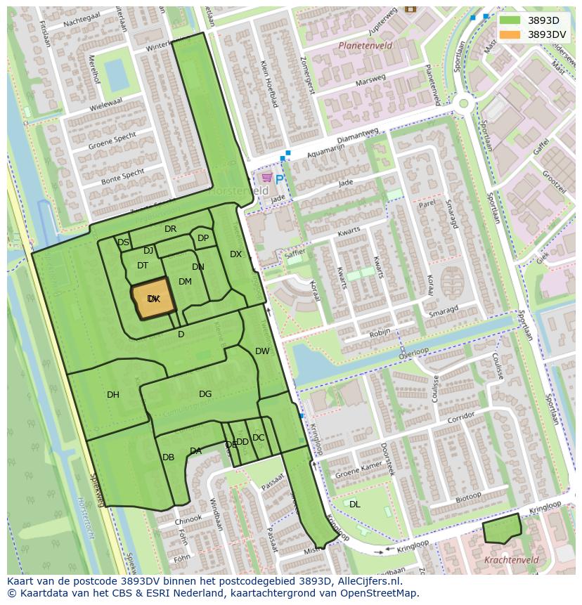 Afbeelding van het postcodegebied 3893 DV op de kaart.