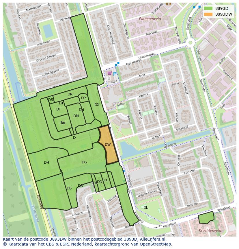 Afbeelding van het postcodegebied 3893 DW op de kaart.