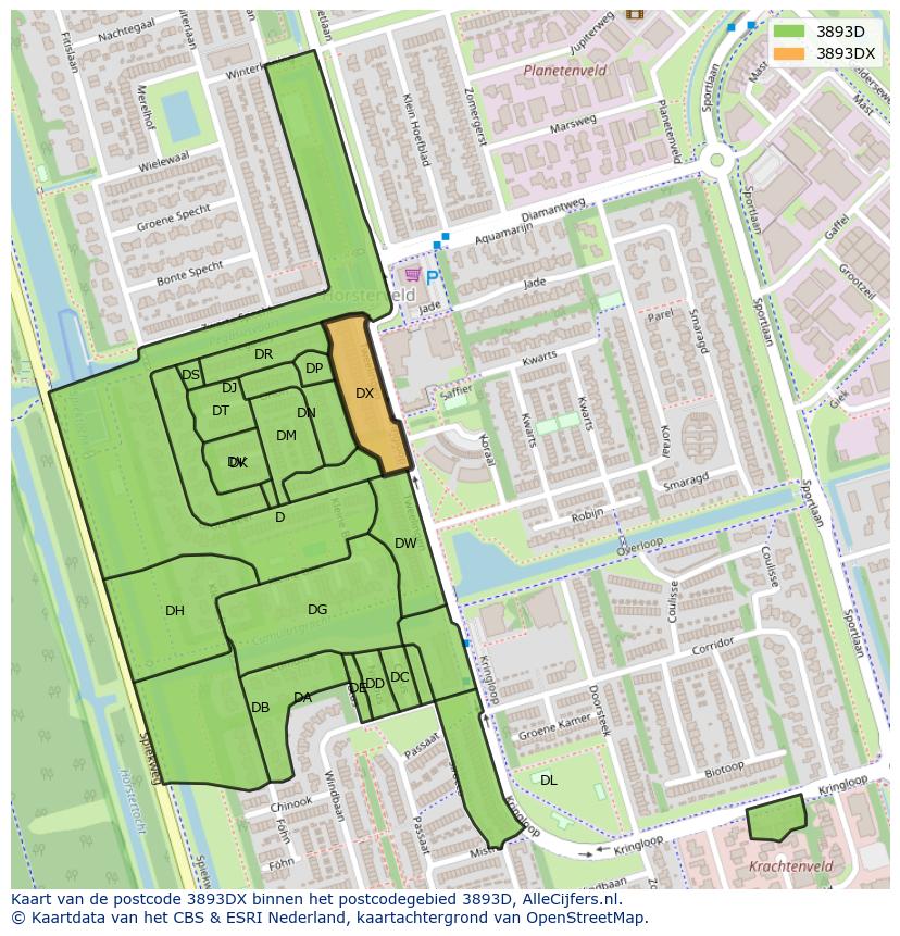 Afbeelding van het postcodegebied 3893 DX op de kaart.