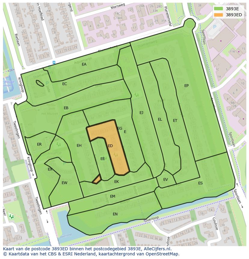 Afbeelding van het postcodegebied 3893 ED op de kaart.