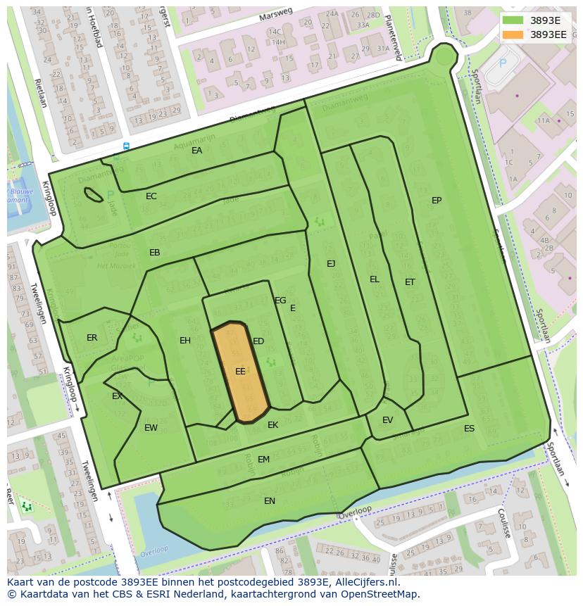 Afbeelding van het postcodegebied 3893 EE op de kaart.