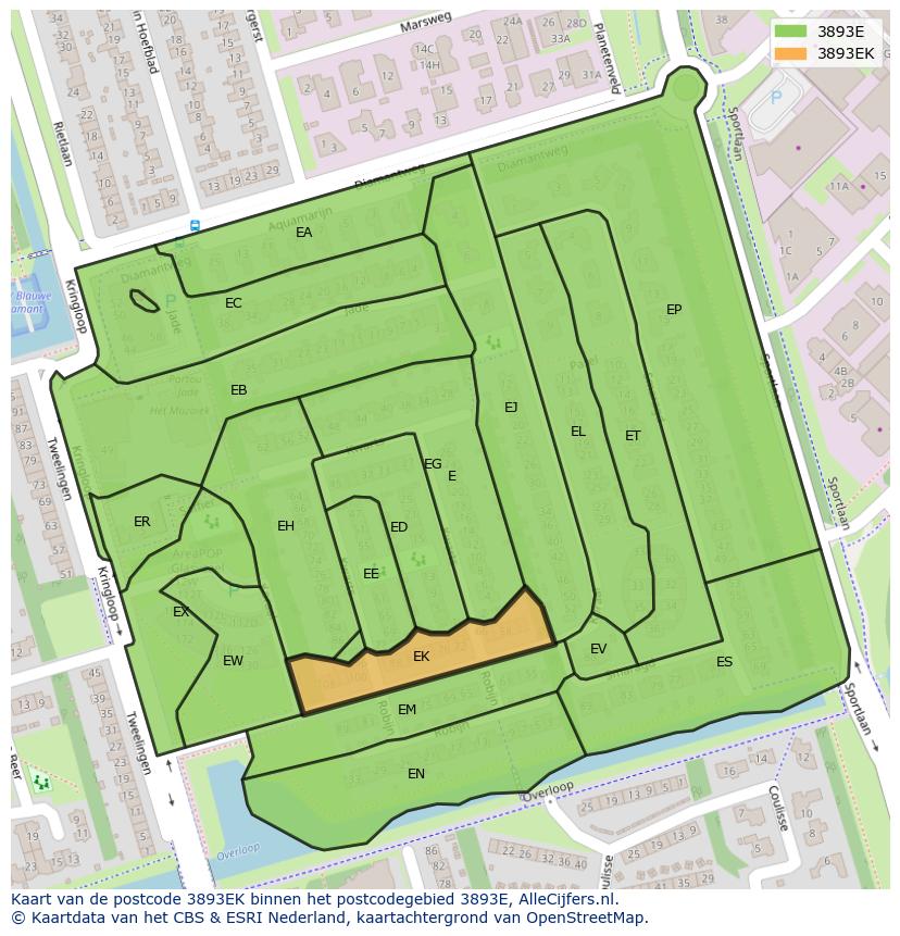 Afbeelding van het postcodegebied 3893 EK op de kaart.
