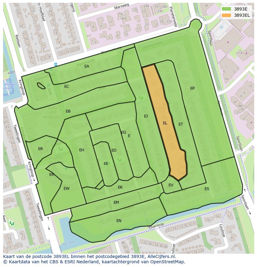 Afbeelding van het postcodegebied 3893 EL op de kaart.