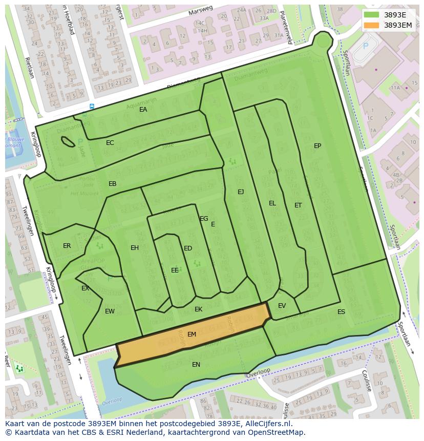 Afbeelding van het postcodegebied 3893 EM op de kaart.