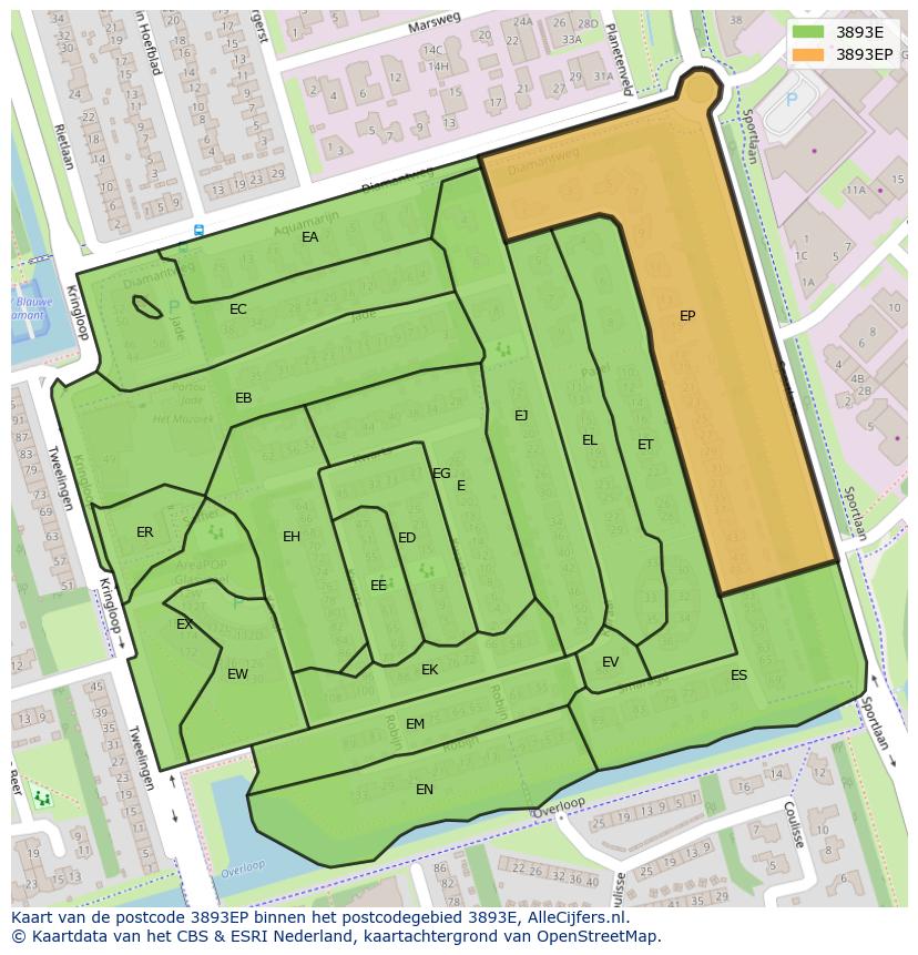 Afbeelding van het postcodegebied 3893 EP op de kaart.