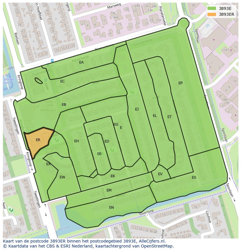 Afbeelding van het postcodegebied 3893 ER op de kaart.