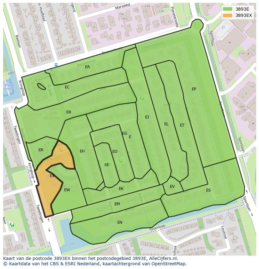 Afbeelding van het postcodegebied 3893 EX op de kaart.