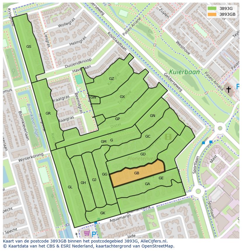 Afbeelding van het postcodegebied 3893 GB op de kaart.