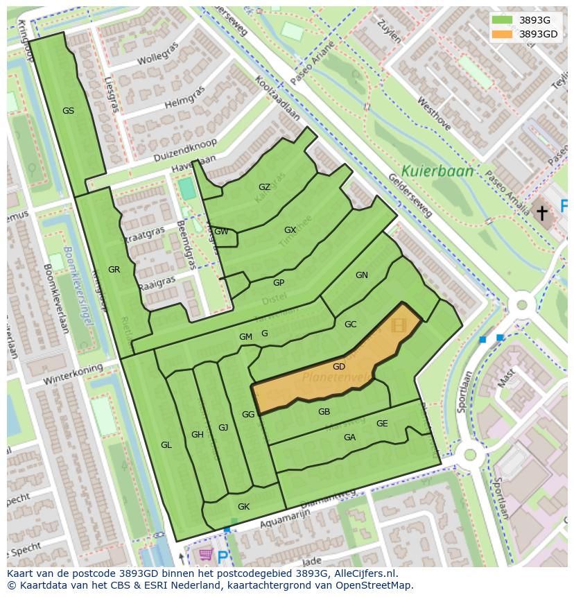 Afbeelding van het postcodegebied 3893 GD op de kaart.