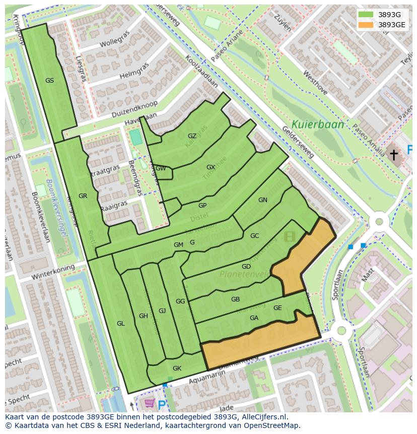 Afbeelding van het postcodegebied 3893 GE op de kaart.