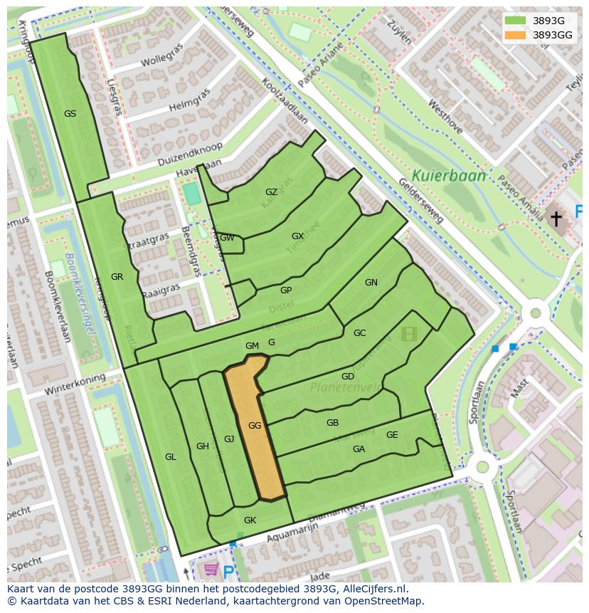 Afbeelding van het postcodegebied 3893 GG op de kaart.