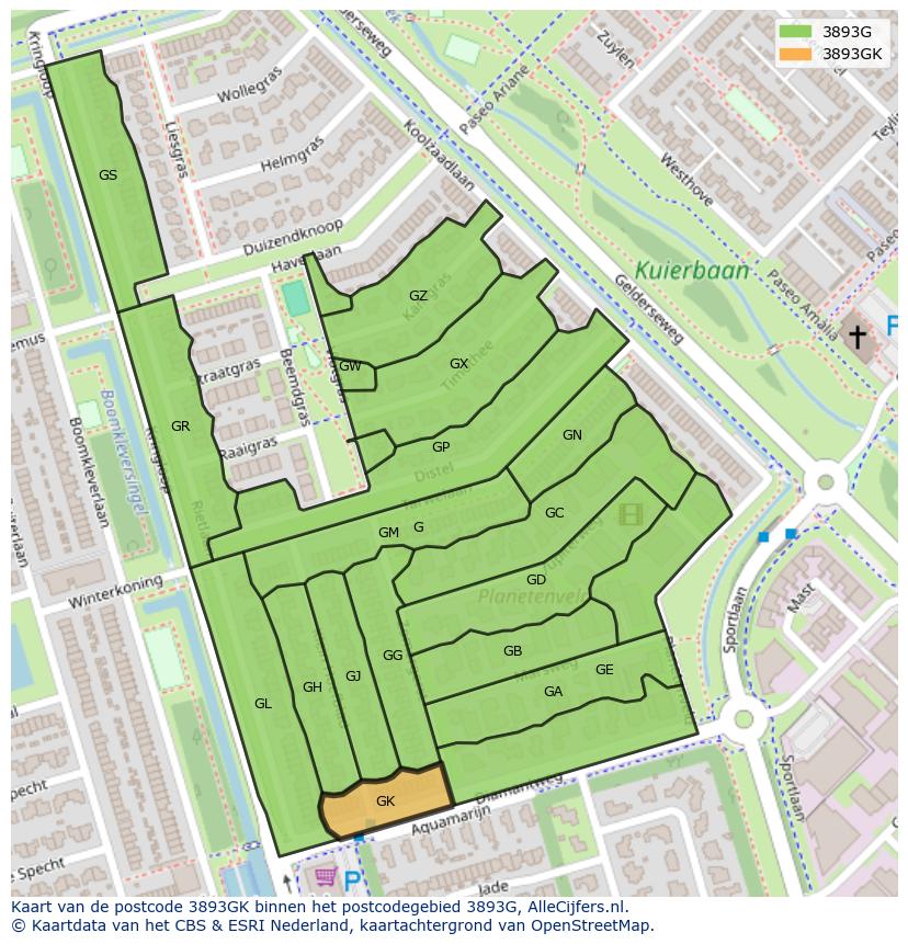 Afbeelding van het postcodegebied 3893 GK op de kaart.
