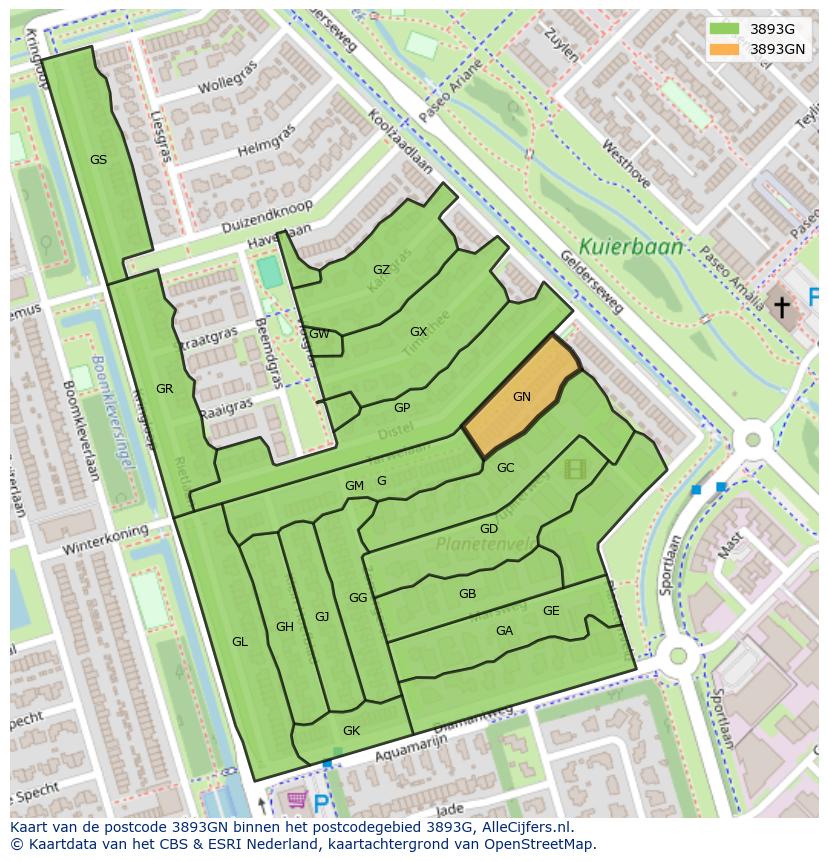 Afbeelding van het postcodegebied 3893 GN op de kaart.