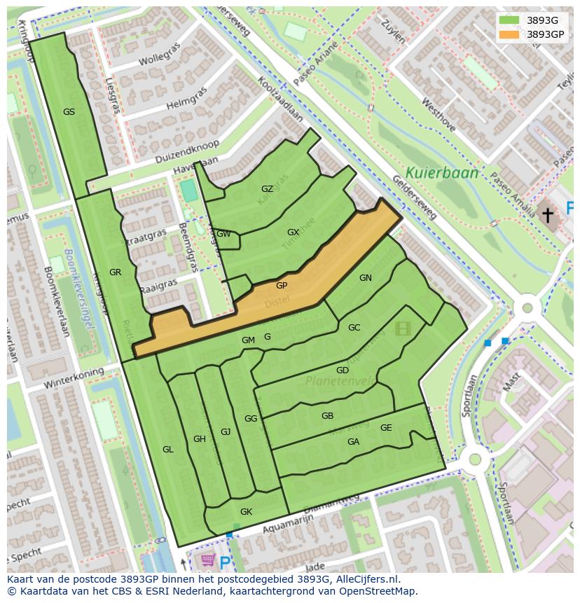 Afbeelding van het postcodegebied 3893 GP op de kaart.