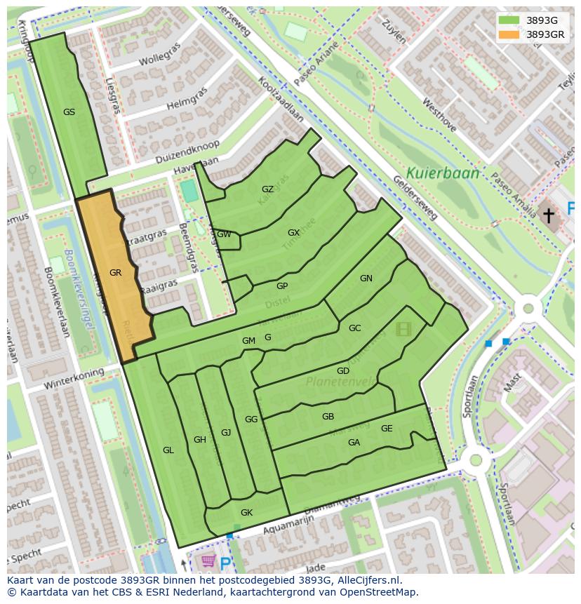 Afbeelding van het postcodegebied 3893 GR op de kaart.