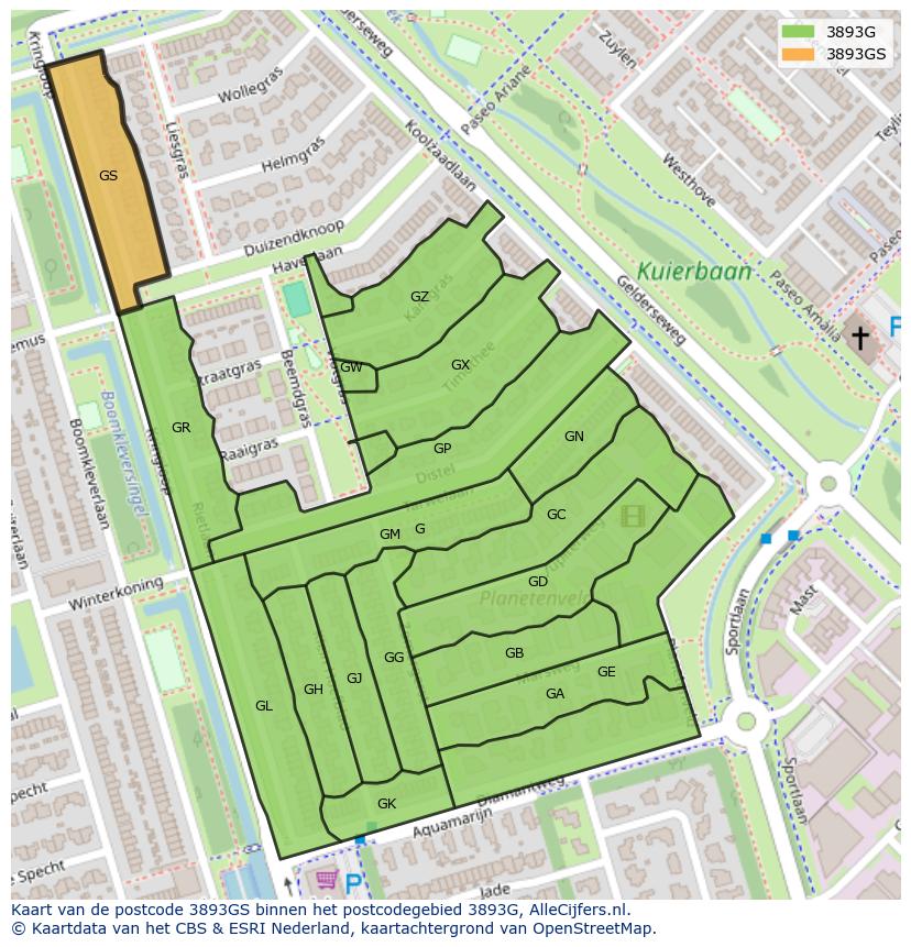Afbeelding van het postcodegebied 3893 GS op de kaart.