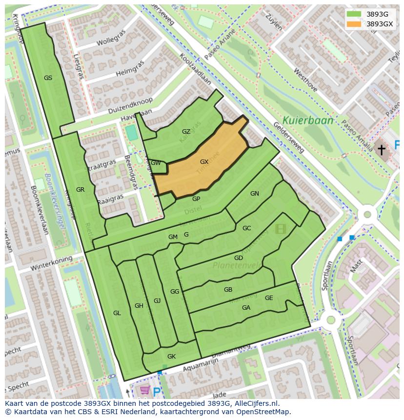 Afbeelding van het postcodegebied 3893 GX op de kaart.