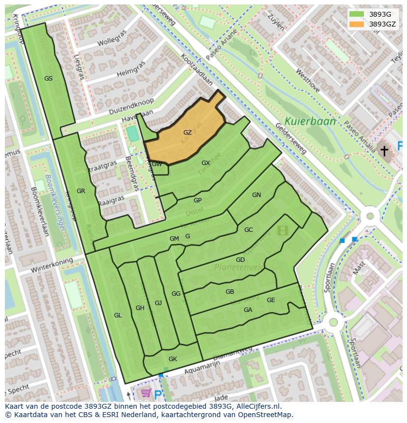 Afbeelding van het postcodegebied 3893 GZ op de kaart.