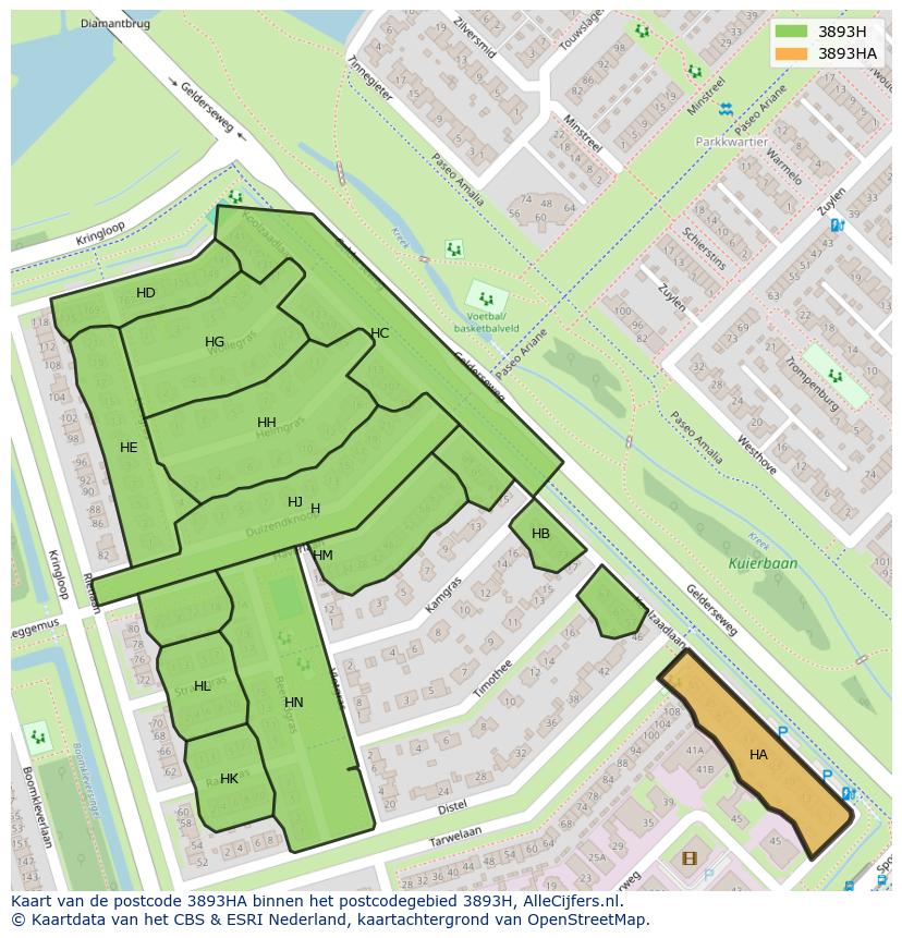 Afbeelding van het postcodegebied 3893 HA op de kaart.