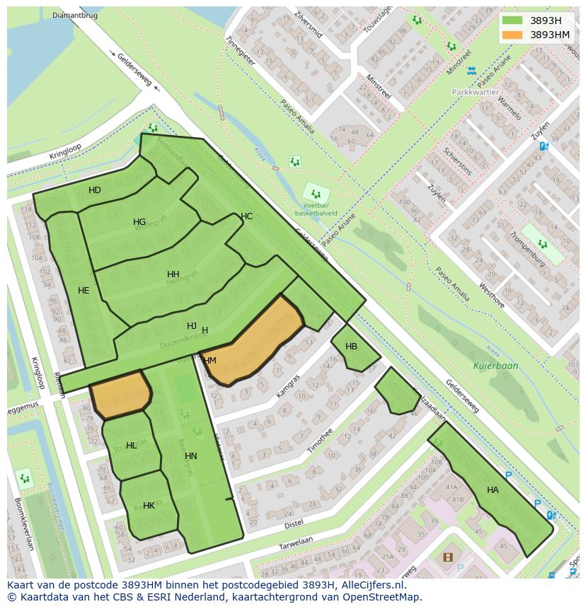 Afbeelding van het postcodegebied 3893 HM op de kaart.