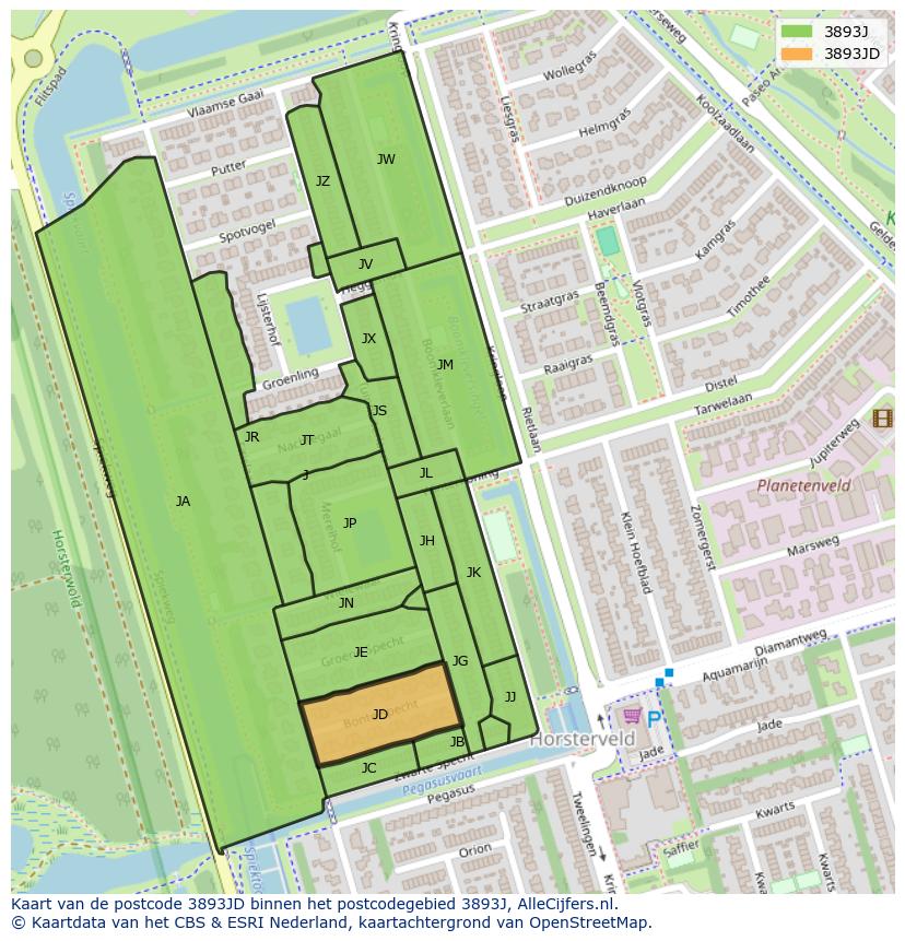 Afbeelding van het postcodegebied 3893 JD op de kaart.
