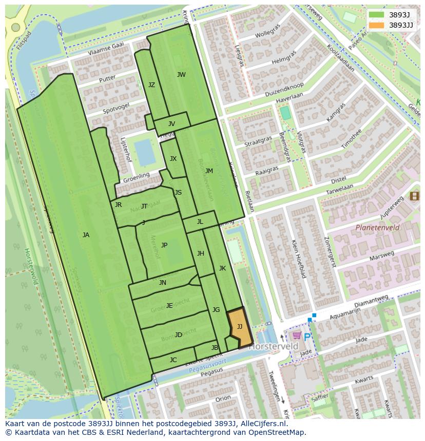 Afbeelding van het postcodegebied 3893 JJ op de kaart.