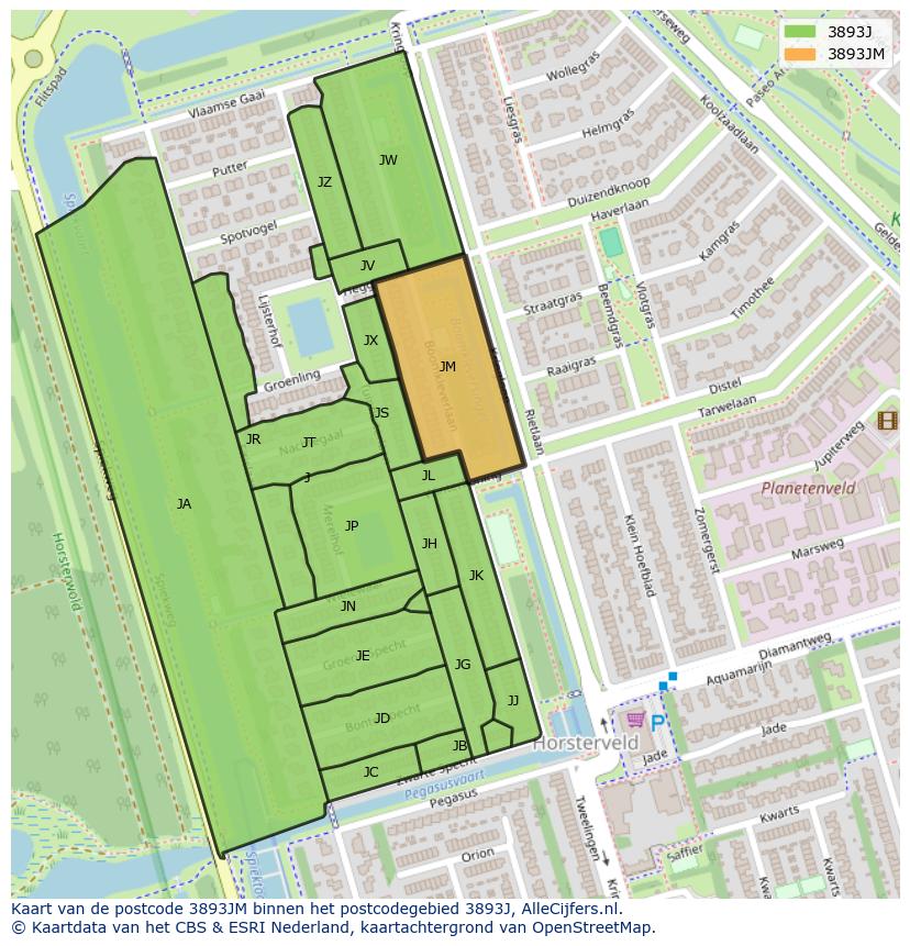 Afbeelding van het postcodegebied 3893 JM op de kaart.