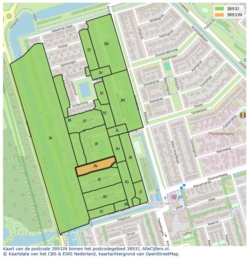 Afbeelding van het postcodegebied 3893 JN op de kaart.