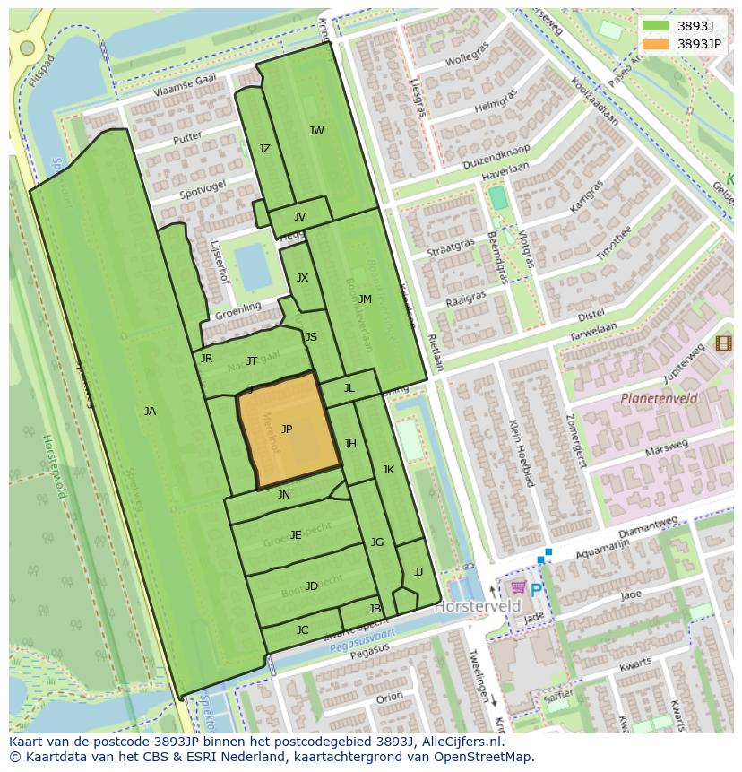 Afbeelding van het postcodegebied 3893 JP op de kaart.