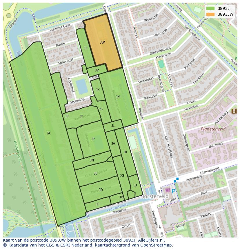 Afbeelding van het postcodegebied 3893 JW op de kaart.